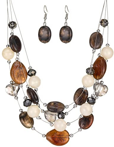 FULU AUTUMN Chunky Statement Kette Damen Mehrreihige Perlenkette und Ohrringe Modeschmuck Set für Frauen Mama Frau Oma Muttertags Geschenk(1-Dark coffee)