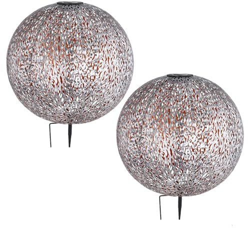 GLOBO Windlicht Solar Garten Solarleuchte LED Steckleuchte IP44, Erdspitz, Metall Muster antik goldfarben silbergrau, 1x LED 3000K, DxH 27x38 cm, 2er Set