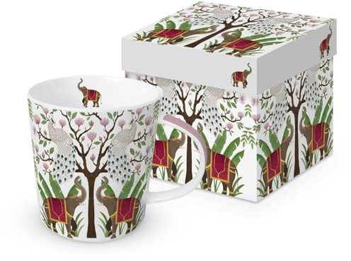 PPD Tasse Tiere Elefanten und Pfauen am Baum aus Porzellan im passenden Geschenkkarton. Motivtasse für den gedeckten Tisch und als Geschenk 0,4L x H9.7cm