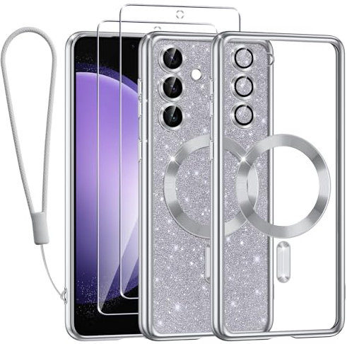 Kokio für Samsung Galaxy S23 FE 5G Hülle Mit Glitzer Karte,[Kompatibel mit MagSafe],Mit 2*Schutzfolie und 1*Handykette,Kamera Objektivschutz,Flash Handyhülle für Frauen Mädchen,Silber