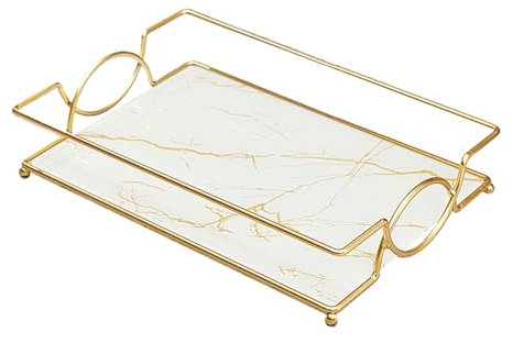 Virvia Vanity Tray Luxury Bathroom Counter Tray Glass Perfume Organizer Holder Cosmetics Makeup Skincare Display Decorative Vanity Trays for Bathroom Dresser Bedroom (Platinum, L)