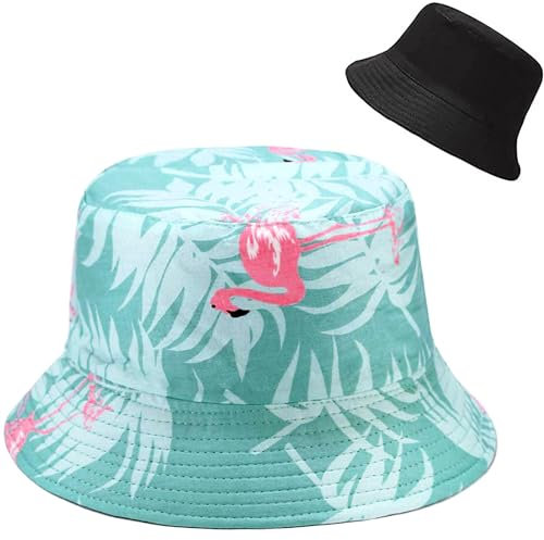 Malaxlx Damen Flamingo Grün Muster Fischerhut Bucket Hat Anglerhut Sonnenhut Reversibel Fischerhüte Sommerhut Faltbarer Strandhut Draussenhut