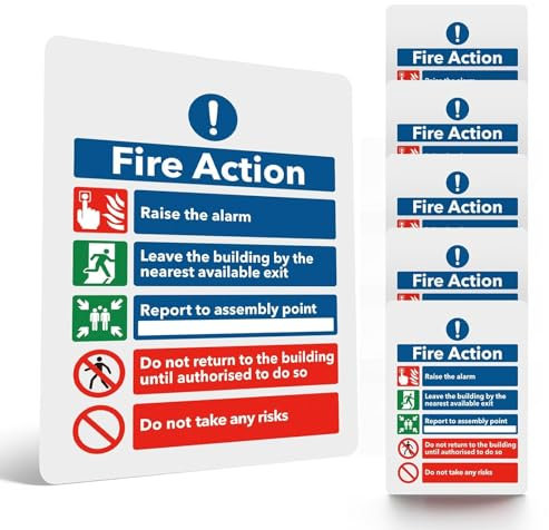 5Pcs Fire Action Notice Sign, 200 x 150mm Safety Signs with Clear Alarm Guidelines, Matte Self-adhesive Vinyl Sticker, Fire Evacuation Procedure