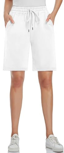 MOVE BEYOND Damen Bermuda Shorts Kurze Hose Sommer Baumwolle Sporthose Jogginghose Knielang mit 3 Taschen, Weiß, L