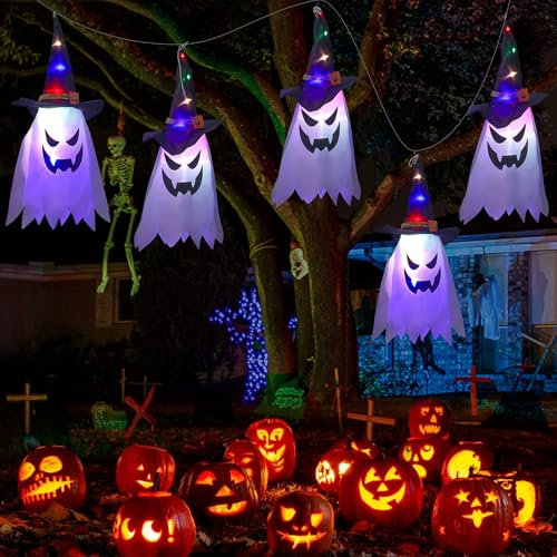 Hängende Geisterhexe Hut Halloween Dekoration, Batteriebetrieben Leuchtender Hexenhut Halloween Deko Garten, Outdoor Lichterkette für Indoor, Hof, Party, Garten Dekoration