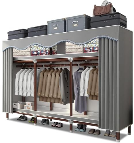 EZZPGDKU Armadio in Tessuto, Armadio Salvaspazio Guardaroba, Armadio Portatile Grigio, Armadio Guardaroba per Camera da Letto, Tubo in Acciaio per Elettroforesi Verniciato da 25 mm, 200 x 46 x 170 cm