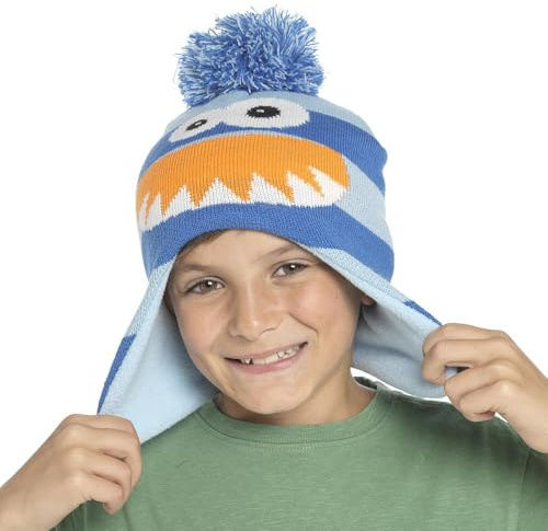 A2Z 4 Kids Boys Girls - Hat KH1046 Monster Blue 3-6 | Cosy Pom Pom Cap With Turn Up Cuff For Cold Season Outdoor Wear