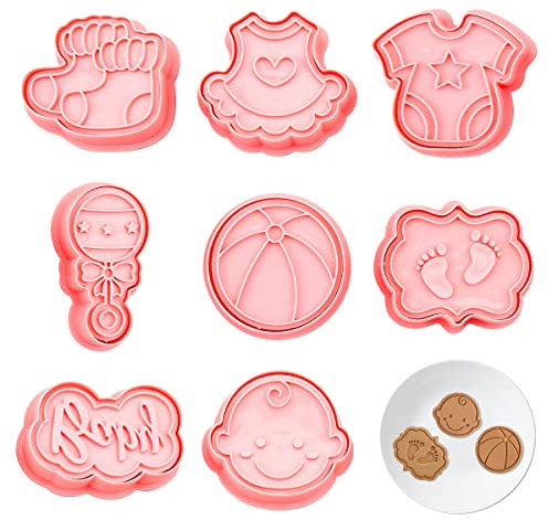 Lotsdonxia 8Pcs Baby Shower Cookie Cutter Set - 3D Plastic Cookie Moulds Stroller, Feeding Bottle, Rattle, Bib for Cake, Pastry, and Fondant Decorations (B)