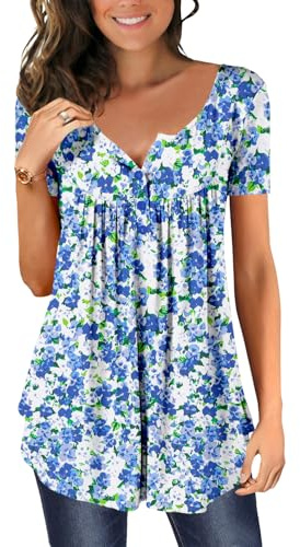 CHICZONE Womens Tunic Tops Plain Pleated V Neck Buttons Up Blouse Floral Printed Ladies Henley T-Shirt