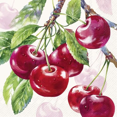IHR Ideal Home Range Servietten - Motiv : CHERRY FRUITS cream - Kirschen - Cocktail 25x25 cm - 20 Stück