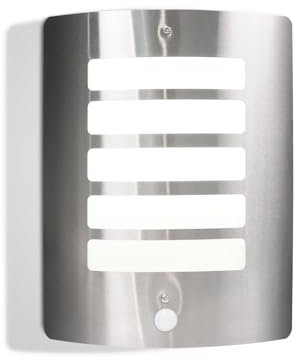 EXTRASTAR Stainless Steel PIR Motion Sensor Outdoor Wall Light, IP44 Waterproof, Compatible with E27 Bulb (Bulb Not Included), Adjustable Brightness & Time for Garden, Patio, Porch, Garage