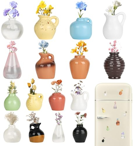 PYserne 16 Stück Mini Vasen Magnete Kühlschrank, Harz Kühlschrank Magnete Keine Trockenblumen 3D Niedliche Lustige Magnetische Blumentöpfe für Kühlschrankzubehör Küche Büro Dekoration