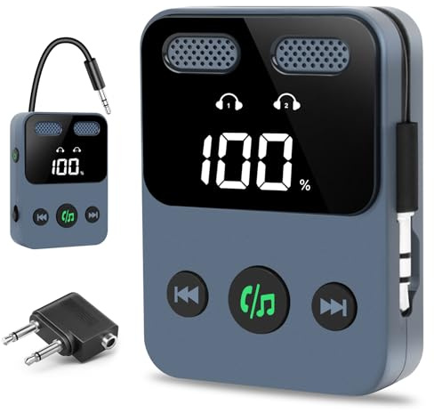 2-in-1 Airplane Bluetooth Adapter,SOARFLY Upgraded Bluetooth Transmitter 3.5mm Jack AUX Lossless Subwoofer,Bluetooth 5.3 Transmitter Receiver With LCD Display For TV/Airplane/Car/Headphones