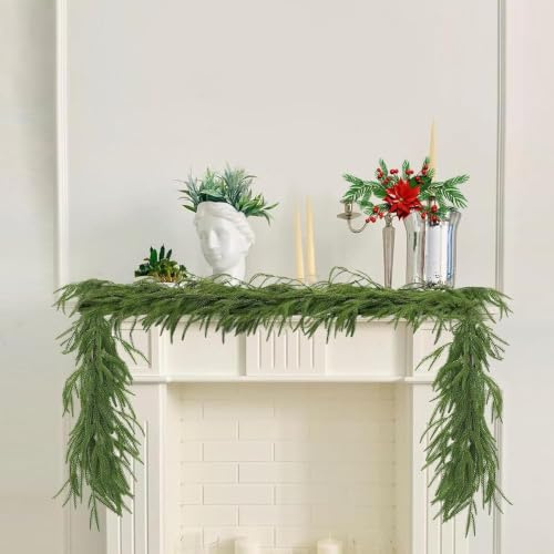 LYPPUL Tannengirlande Künstlich, 180cm Weihnachtsgirlande, Girlande Weihnachten, Künstliche Tannengirlande Weihnachtsdeko, Norfolk-Kiefergirlande für Deko Weihnachten Treppen Tische Kamin Bannister