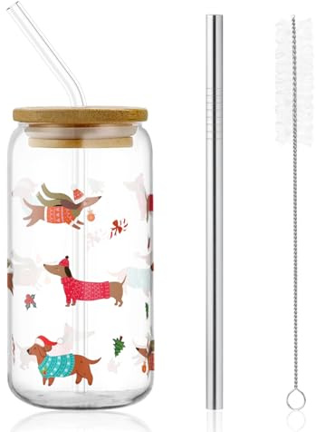 PIujsym Weihnachten Dackel Tasse 500ml Glasbecher mit Deckel und Strohhalme, Dackel Merch Geschenke für Dackel Liebhaber, Perfekt für Iced Coffee Smoothie Bubble Tea als