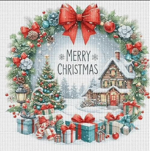 JUYIYUANFUZH Kreuzstich Set Vorgedruckt 11CT WeihnachtskräNze Sticken FüR AnfäNger Hobby Erwachsene Basteln FüR Home Wall DéCor15.7 * 19.7In