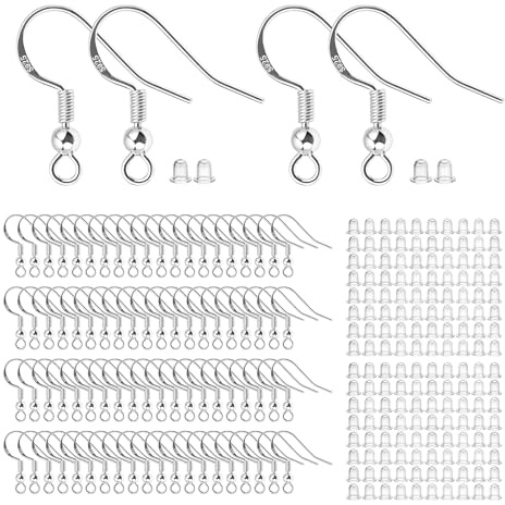 Earring Hooks for Jewellery Making, 100 PCS/50 Pairs 925 Sterling Silver Earring Hooks with Clear Silicone Ear Backs, Hypoallergenic Jewellery Making Supplies (Silver)