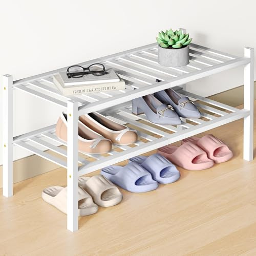 smiry Schuhregal aus Bambus, Schuhregal Platzsparend mit 2 Ebenen, Erweiterbar Stapelbar Shoe Rack, Schuhablage für Flur,Wohnzimmer, Schlafzimmer, Badezimmer, Weiß