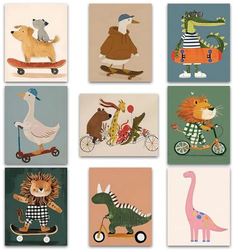 9 Stück Cartoon-Tierthema Bilder Kinderzimmer, Canvas-Material Poster Kinderzimmer zur Wanddekoration, Babyzimmer Deko mit Tiermotive, Bilder Babyzimmer für Babys, Kinder, Tierliebhaber, 25x20cm