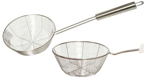 MSQUARE Stainless Steel Deep Fry Skimmer with Long Handle, Wire Mesh Strainer Ladle, Non-Slip Grip, Heavy Duty Oil Strainer Spoon for Frying, Cooking & Kitchen Use (14 CM)