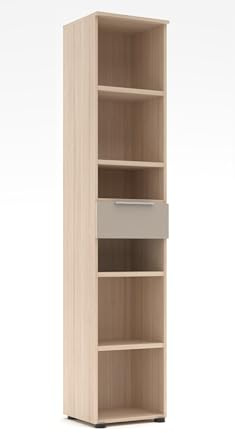 möbelando Aktenregal >Santorin< Glas Cashmere Front Riva Eiche Melamin 6 Fächer 1 Schublade Softclose modular mit großzügiger Höhe und optimaler Stauraumnutzung, Chrom Griffe - 40x198x38 cm (BxHxT)