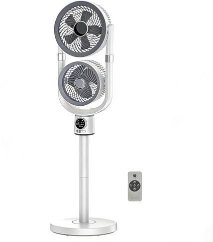Ventilatore a Piantana con Telecomando Silenzioso 36 DB Oscillazione 360 Gradi, Doppia Testa 4 Velocità Regolabili Altezza Regolabile Bianco(Plug-in)