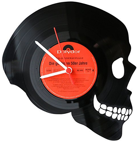 GRAVURZEILE Wanduhr aus Vinyl - Totenkopf Upcycling Design - Handmade Vintage-Uhr - Wanddekoration im Retro-Design für Gruselfans - Geschenk für Sie & Ihn - Made in Germany