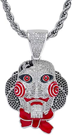 KMASAL Horror Clown Anhänger Hip Hop Eced Bling Chain 69 Halloween Cosplay Halskette mit 24 Zoll Edelstahlseilkette (Silber)