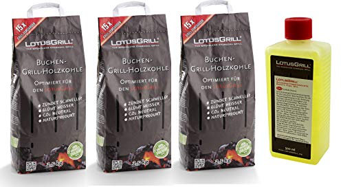 LotusGrill Buchenholzkohle 3x 2,5 kg Sack inkl. Brennpaste 500 ml für Raucharmes Grillen