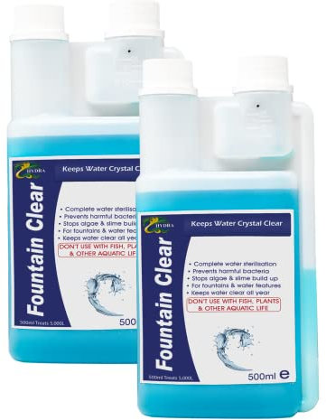 Hydra Fountain Clear Water Feature Cleaning, 2x500ml Treats 30,000L Highest Dilution Rates, Fountain Cleaner Treatment Keeps Water Crystal Clear from Algae, Green Water, Biofilm Build-up