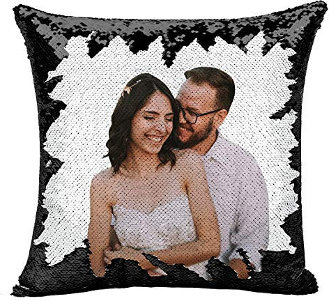 Personalisierte Kissen, Pailletten Kissen individuellem Bild 40 x 40 cm Foto Kissen mit Wendepailletten Startseite Schlafzimmer Sofakissen (mit Füllung) (Schwarz)