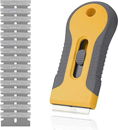 byjohn Ceranfeldschaber Gelb - 2 in 1 Ceranfeldkratzer und Entferner von Kleberesten inkl. 15 Ersatzklingen aus Edelstahl mit stabilem Griff - einfache Reinigung von Herd & Ofen, Glaskratzer