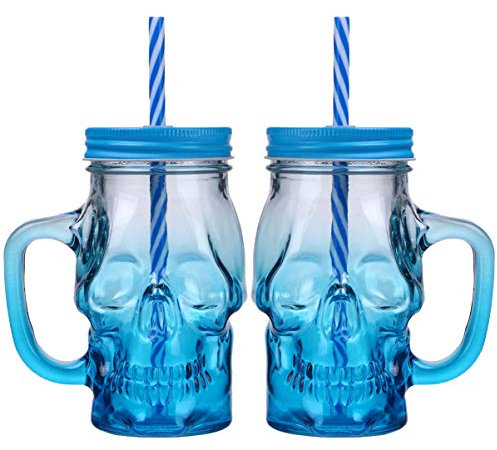 PRETYZOOM 2Pcs Glass Tumbler with Straw and lid Skull Mason jar Cup Cups Drinking Jars Clear lids tumblers- Halloween Skull Gradient Glass- Cup Wine Glasses Drink Milk Cup (500ML)