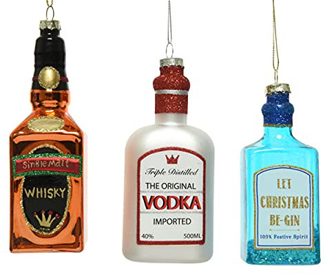 Decoris Christbaumschmuck Glas 12cm x 3 Stück Set Schnapsflaschen Weihnachtskugeln Vodka Gin Whiskey