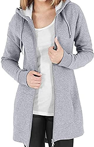 Tuopuda Sweat a Capuche Zippé Femme Longue Décontracté Sweats à Capuche Basique Sweatshirt à Manches Coton Classics Veste Polaire Street Hoodie avec Poches, Gris, M