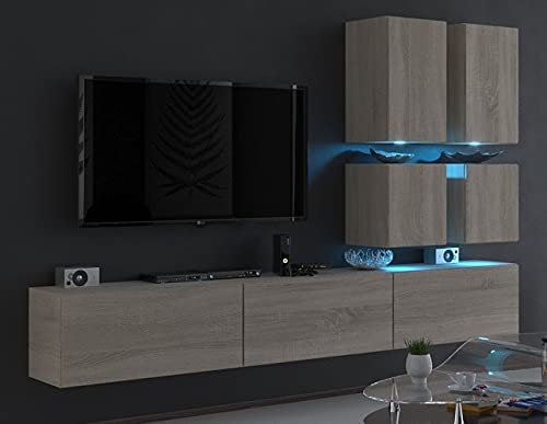 Furnitech Wohnwand Wohnzimmer | Hängend Wohnwand Modern | Wohnzimmer Schrankwand mit Regale und TV Schrank | Wohnzimmer Möbel ohne LED (Future C76-M-S3 1A Sonoma Eiche)