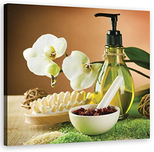 Feeby Wanddeko Kerzen Spa Zen 50x50 cm Leinwandbild Kunstdruck Orchidee Wellness Stilleben Grün