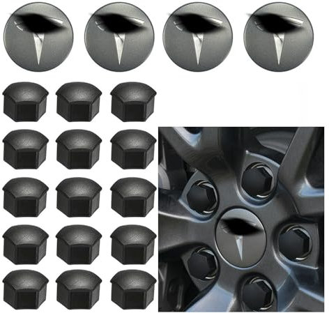 Powlamks Car Wheel Center Hub Cap Kit with Logo, Hubcaps Accessories for Tesla Model 3 Model Y (4 Grey&Silver Hub Center Caps + 22 Black Lug Nut Covers + 1 Pack Wrench)