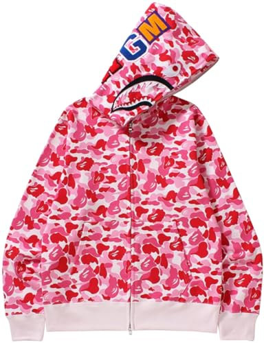 WINKEEY Jungen Shark Hoodies Tarnfarben Haifisch Kapuzenpullover Jacke Mit Reißverschluss Oversized Herbst Winter Oberteil, Rosa Rot02 L