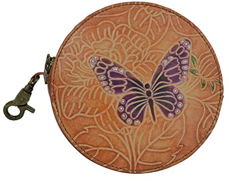 Anuschka Münzbeutel aus Echtleder, handbemalt, Rund - Tooled Butterfly Multi