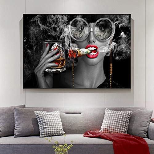 Xinmei Art Rouge à Lèvres Mode Femme Abstrait Mur Art Impressions Sur Toile Noir Et Blanc Cigarette Mur Art Peinture Photos pour Salon Décor 90X140cm Avec Cadre