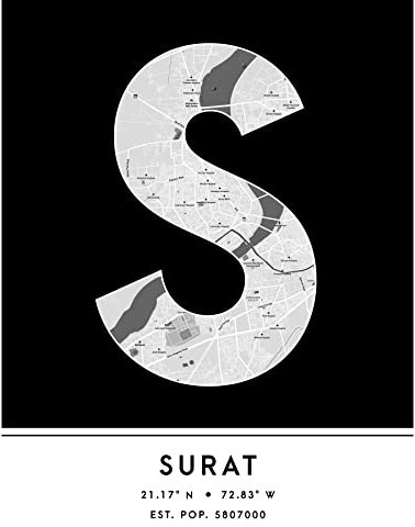 Wee Blue Coo Surat India City Map Black & White Colour Block Modern Typography Stylish Letter Unframed Word Wall Art Print Poster for Home Décor CITYMAP1