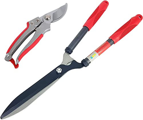 LINZI Garden Shear Set 2PCs, 640mm Garden Manual Hedge Clippers Trimmers + 200mm Bypass Pruning Secateurs Scissors Pruners for Trimming Borders, Topiaries Boxwood, and Decorative Grasses