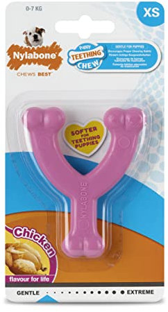 Nylabone Puppy Teething Chew Toy Wishbone Puppy Pink Original Chicken Flavour, X-Small/Petite (1 Count)