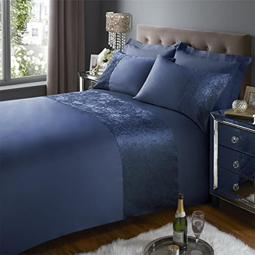 Soft Micro Polyester Bed Set with Crushed Velvet Band Durable Duvet Cover Set Shape-Retaining [Super King, Navy Blue]