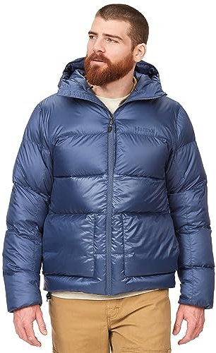 Marmot Men's Guides Down Hoody, Lightweight down jacket, warm winter puffy, water-repellent quilted coat, windproof functional jacket, packable outdoor jacket with hood, Storm, L