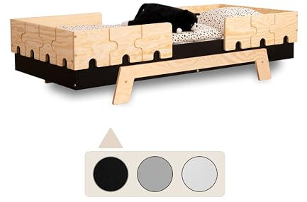 SMARTWOOD Kinderbett mit Lattenrost und Rausfallschutz Puzzle BR2 Montessori einzelbett für Jungen und Mädchen - Bett aus Kiefer Sperrholz mit Rausfallschutz und Lattenrost - Schwarz - 80x160 cm