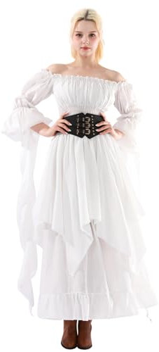 FCCAM Renaissance Viktorianisches Mittelalterliches Langes Gothic Kleid - Weiß, S/M
