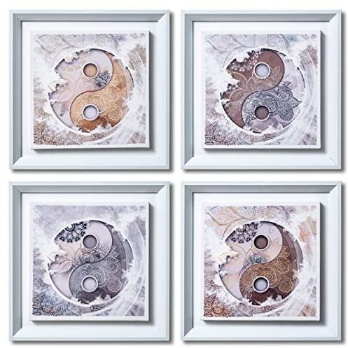 DekoArte - Wandbilder Wohnzimmer YING YANG MANDALA 30x30cm x 4-teilig - Bilderset mit Rahmen Weiß