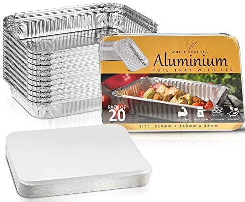 20Pcs Medium Aluminium Foil Trays with Lids 21x14cm - BPA Free, Sturdy, Leakproof Air Fryer Foil Containers - Disposable BBQ Trays for Meal Prep, Roasting, Grilling, Takeaway, Baking Tray